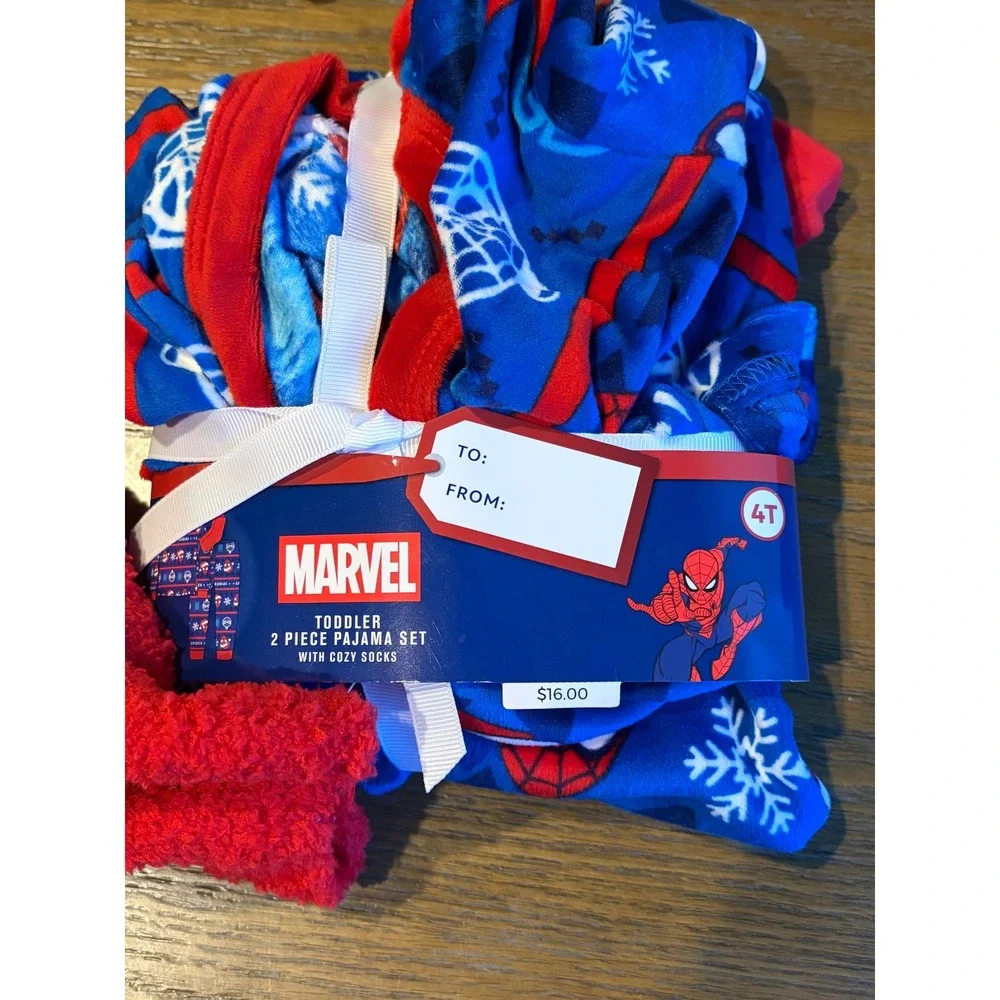 Marvel Spiderman Toddler Pajama Set 2 Piece with Cozy Socks Blue Red 4T Holiday